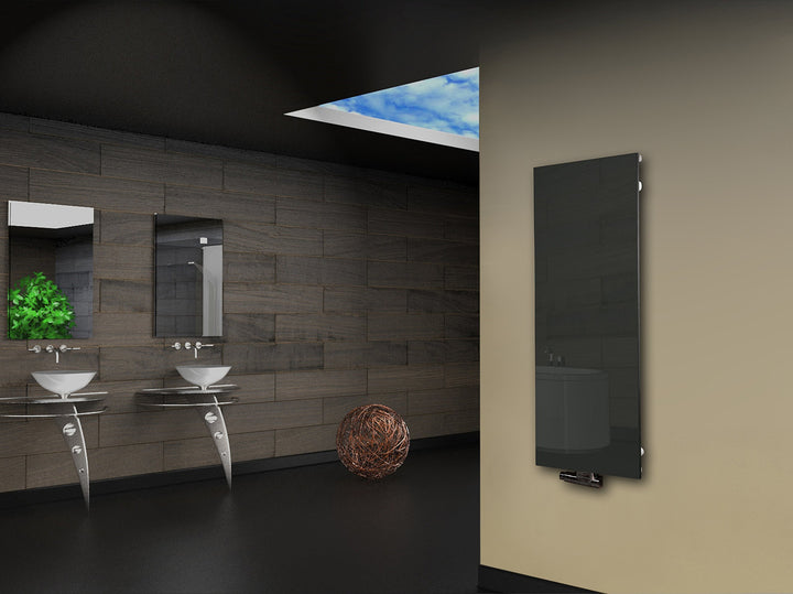 Badheizkörper mit Glas Design Montevideo 2 Glasfront 120x47cm 799 Watt anthrazit moonstone SZAGATO H