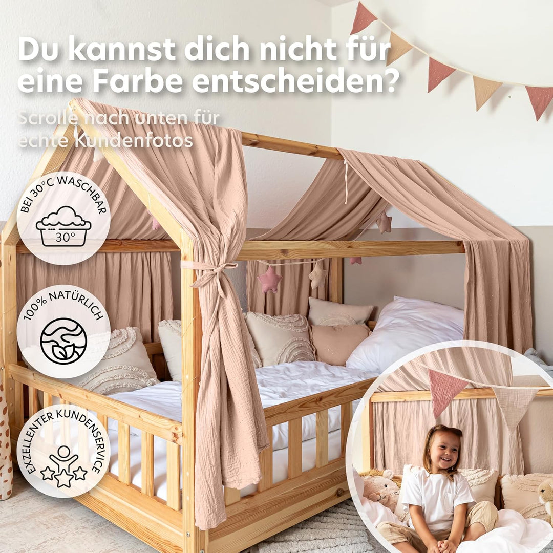 Hausbett Himmel mit Gold Applikation [in 12 Farben] Betthimmel Hausbett aus 100% Baumwolle Musselin