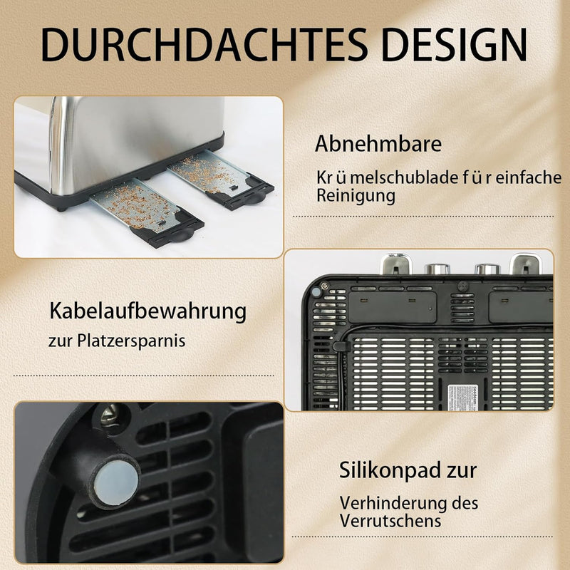 SEEDEEM Toaster 4 Scheiben, LCD-Display, 6 Farbeinstellungen Edelstahl-Toaster, 1,5&