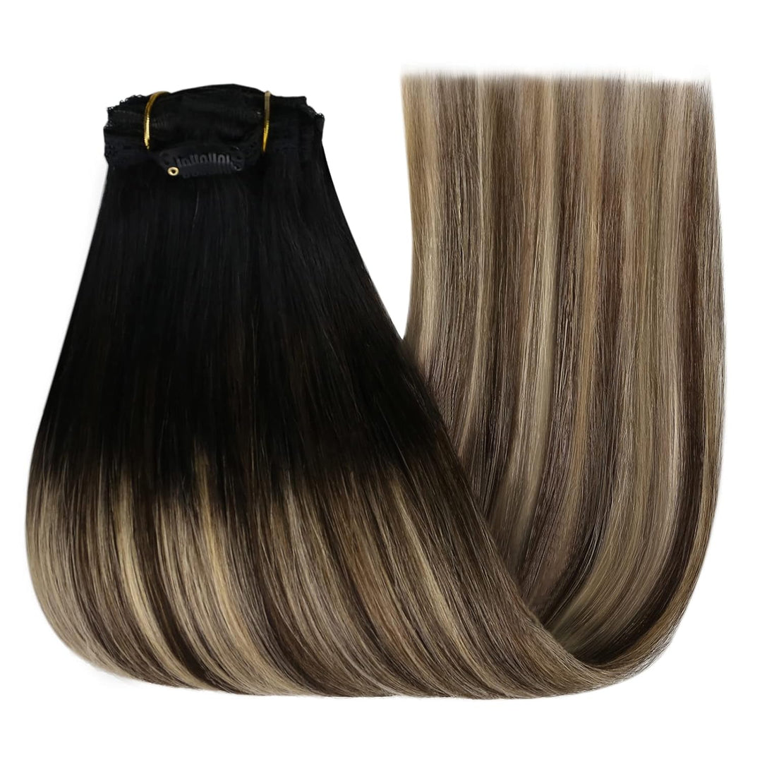 YoungSee Clip in Extensions Balayage Schwarz Echthaar Extensions Clip Schwarz Ombre Braun Blond Clip