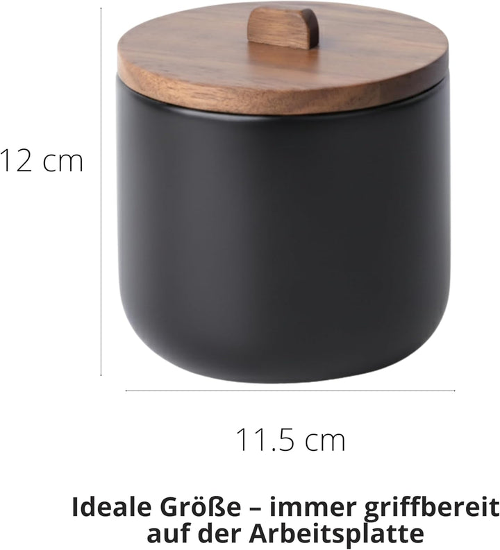 Salztopf Keramik CURVE - Luftdichte Salzdose mit Deckel aus Akazienholz. Grosse Öffnung, Ideal als S