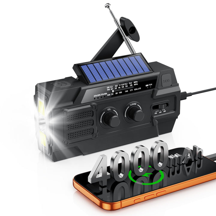 Kurbelradio 4000mAh Notfallradio mit Solar, Bewegungsempfindlicher Radio mit kurbel AM/FM/SW,LED-Tas