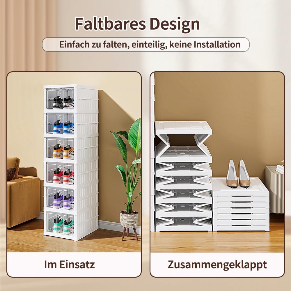 OHMG 6 Stück Schuhboxen, Aufbewahrungsboxen aus Kunststoff, transparent, stapelbar, faltbar, Regal f