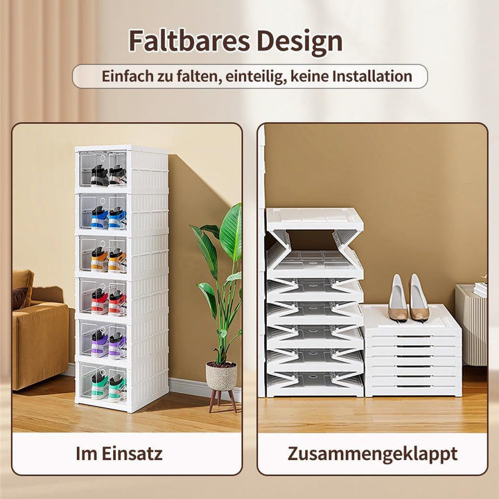 OHMG 6 Stück Schuhboxen, Aufbewahrungsboxen aus Kunststoff, transparent, stapelbar, faltbar, Regal f