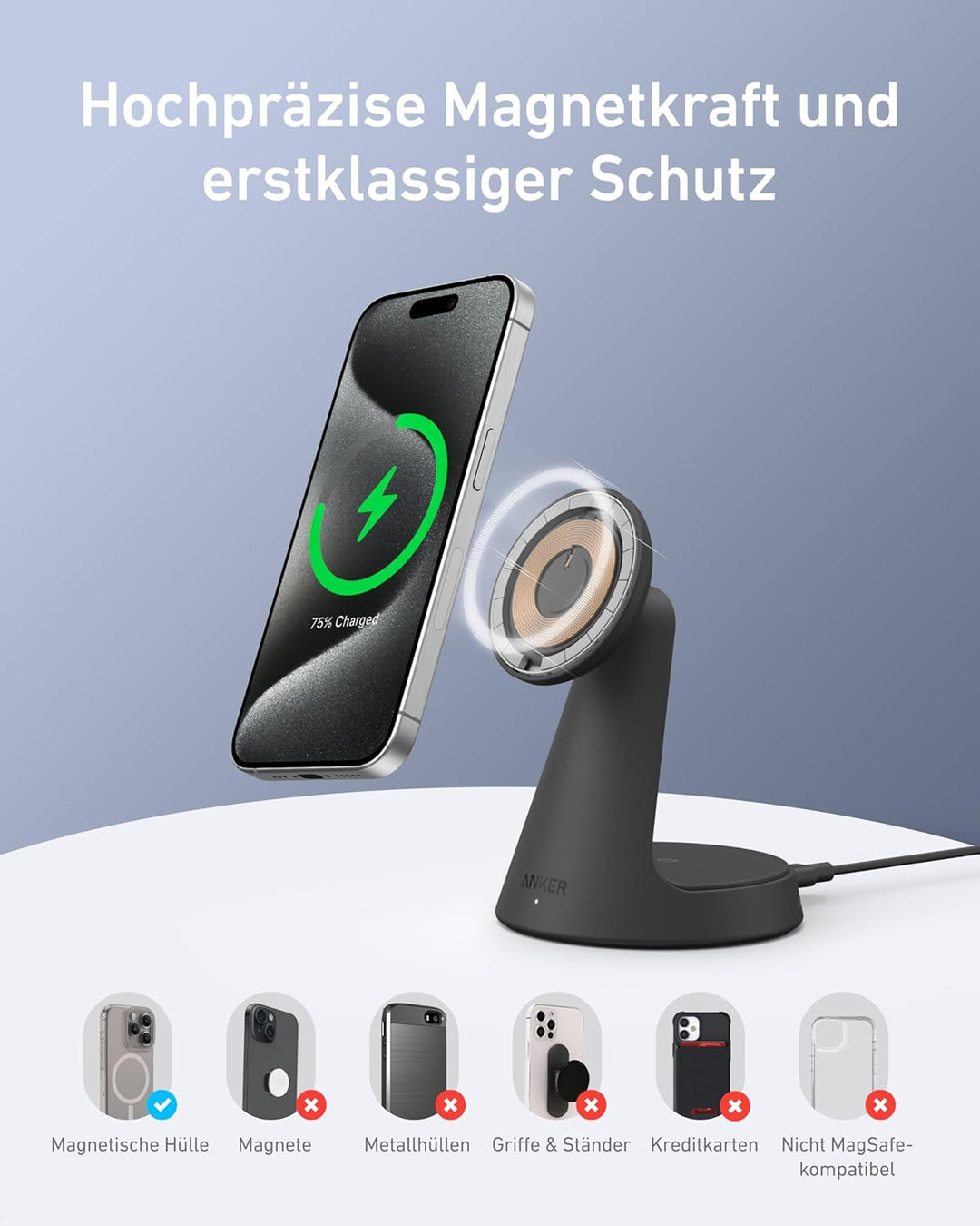 Anker MagGo MagSafe kompatibles 2-in-1 Ladegerät, Qi2 Zertifiziert 15W Schnellladegerät Ständer, Ein