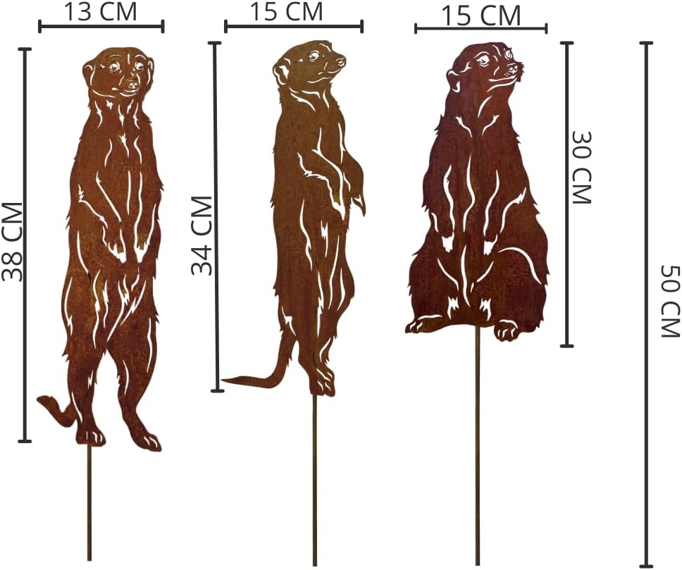 Terma Rostfigur Gartenstecker Set Erdmännchen 40–45 cm – Deko Tierfigur aus Metall mit Spiess – Rost