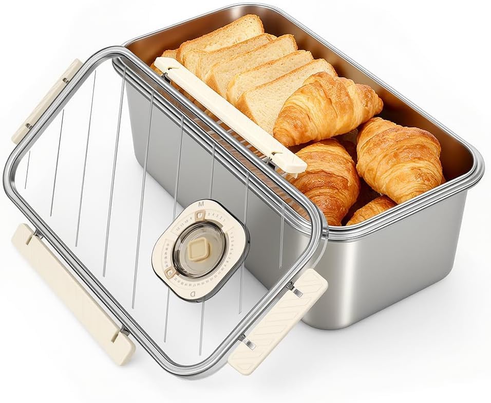 Brotkasten aus Edelstahl mit Zeitschaltuhr, Brotkasten Gross, luftdichter Aufbewahrungsbehälter für