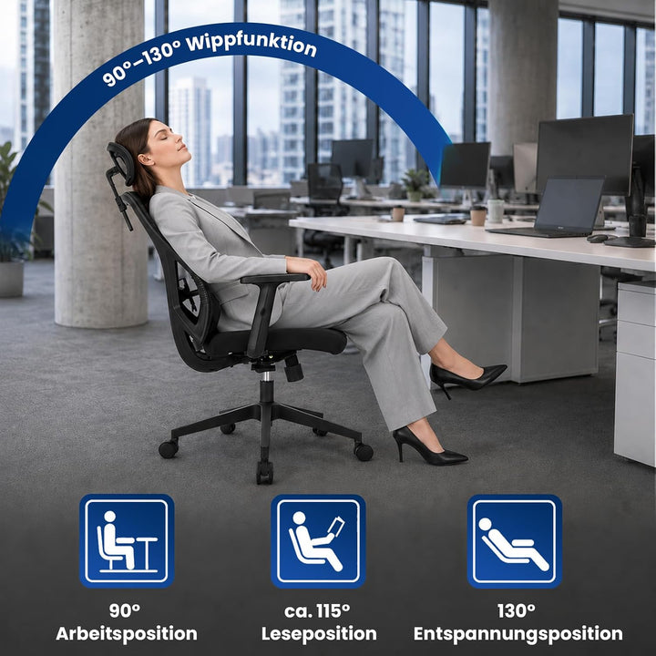 Bürostuhl Ergonomisch, Schreibtischstuhl mit Kopfstütze, Lordosenstütze und Höhenverstellbaren Armle