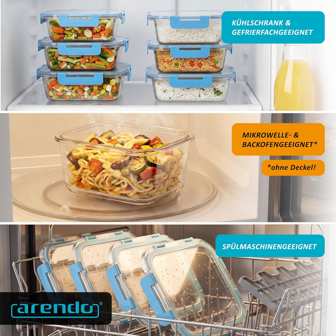 Arendo - Lunchboxen Glas - Frischhaltedosen für Lebensmittel mit Deckel luftdicht - 2er Set - 1520 m