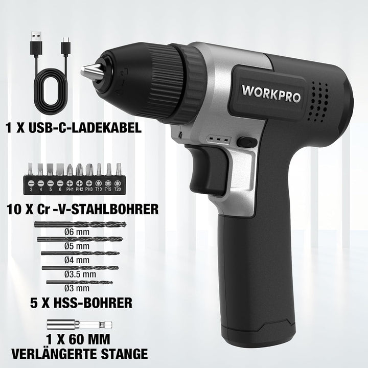 WORKPRO 8V Akku Bohrschrauber Set, Akkuschrauber, 2000 mAh Akku Bohrmaschine, 12 Nm Drehmoment, 10mm