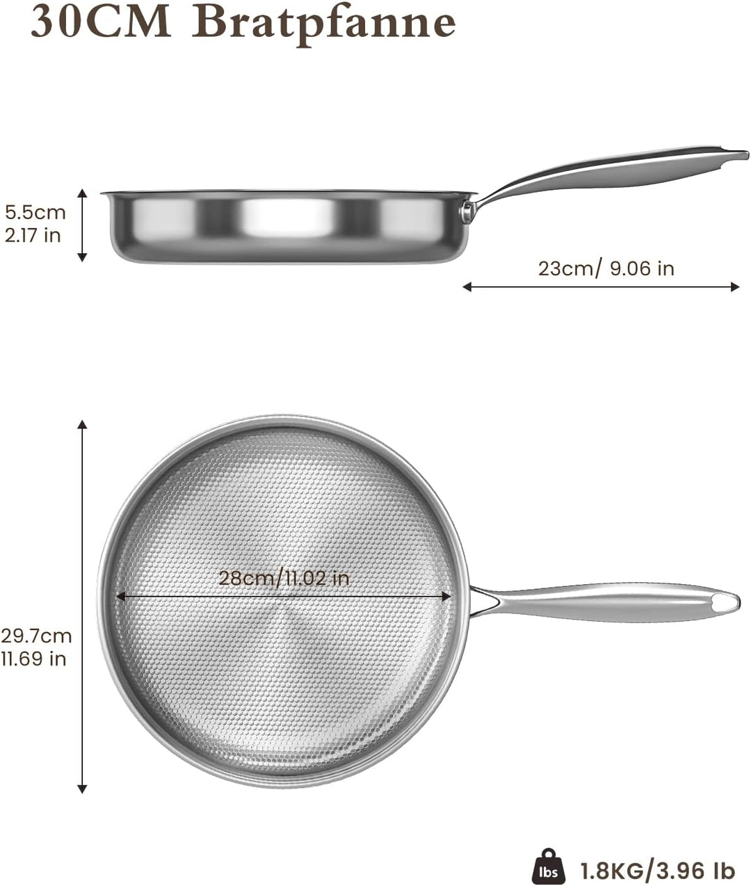 30cm Edelstahlpfanne Induktion, Titan Pfanne, 5-Lagige Konstruktion | Edelstahl 18/10, Fischschuppen