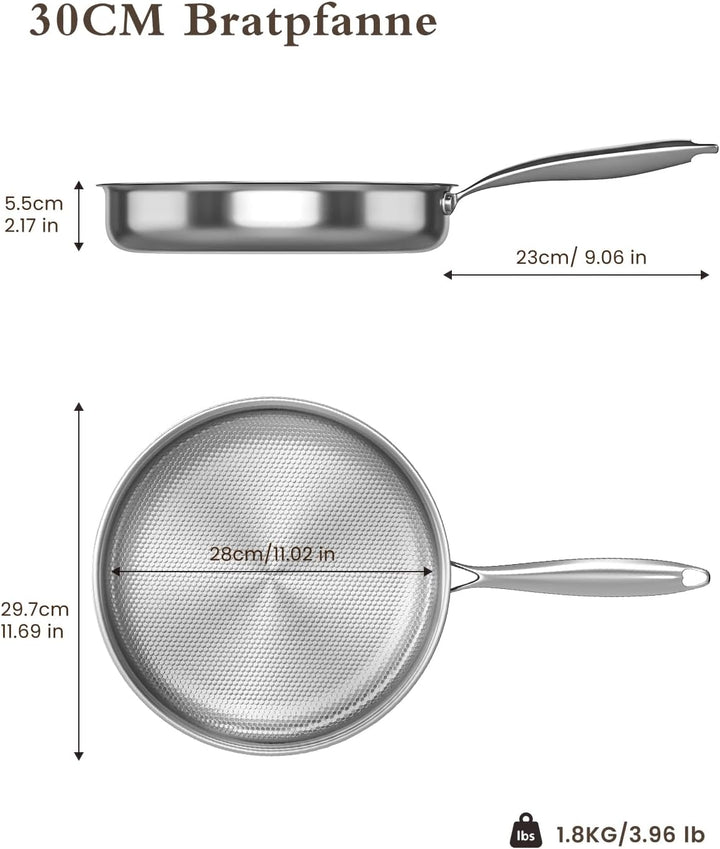30cm Edelstahlpfanne Induktion, Titan Pfanne, 5-Lagige Konstruktion | Edelstahl 18/10, Fischschuppen