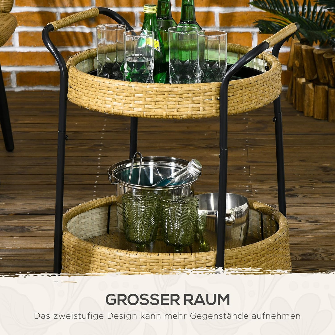 Outsunny Servierwagen Rattan Trolley mit 2 Regalen, Runde Küchenwagen, Gartenrollwagen mit Griffen,