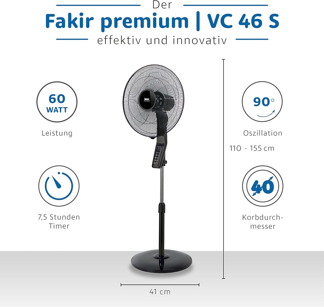 Fakir premium VC 46 S – Höhenverstellbarer leiser Standventilator mit Fernbedienung & 3 Leistungsstu