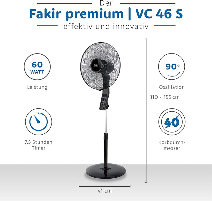 Fakir premium VC 46 S – Höhenverstellbarer leiser Standventilator mit Fernbedienung & 3 Leistungsstu