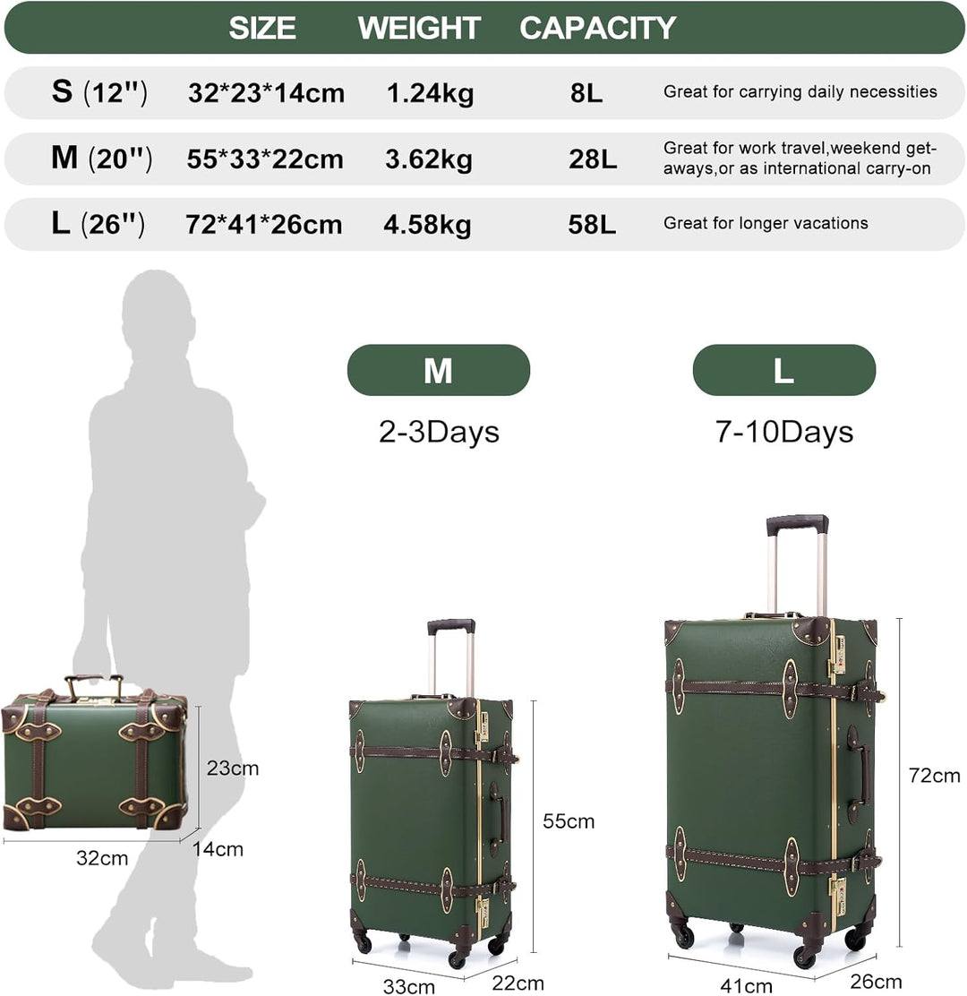 Urecity Koffer Vintage mit 4 Rollen Trolley Koffer Reisekoffer Leicht Retro Hartschalen Koffer 2-Tei