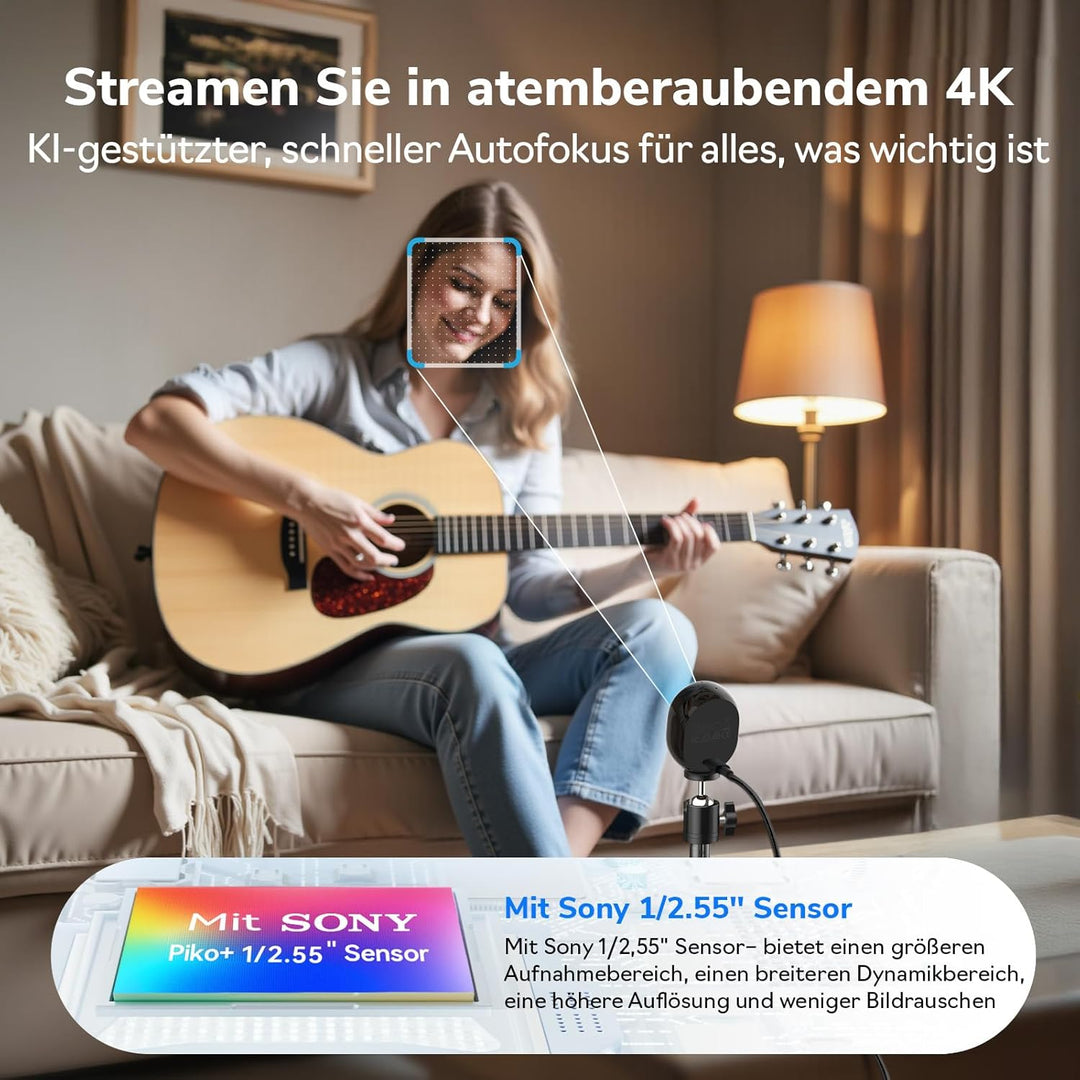 EMEET Piko+ Webcam 4K, Weltweit Erste KI-gestützte 4K Webcam mit Dual-Kamera und KI-Autofokus, mit 1