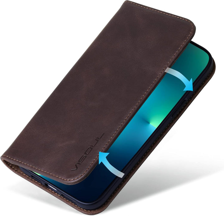 VISOUL Hülle für iPhone 13 Handyhülle Schutzhülle TPU [Erstklassiges Echtleder] [Kartenfach] [Magnet