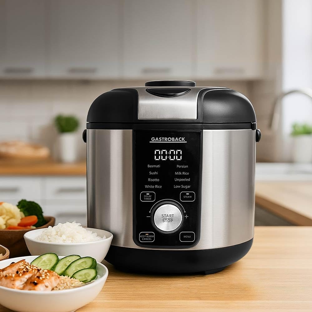 GASTROBACK Low Carb Reiskocher 3 Liter mit Dampfgarer 500 Watt - 8 Programme inkl Basmati Sushi Riso
