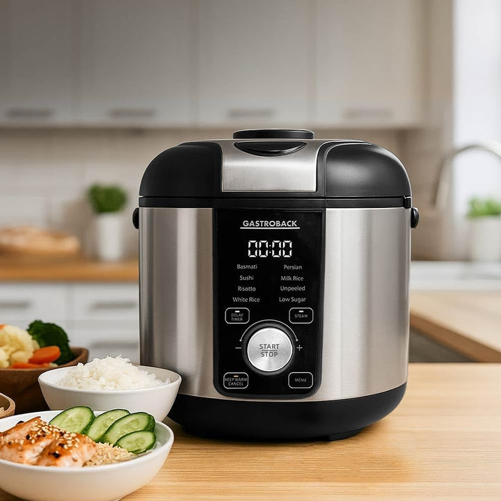 GASTROBACK Low Carb Reiskocher 3 Liter mit Dampfgarer 500 Watt - 8 Programme inkl Basmati Sushi Riso
