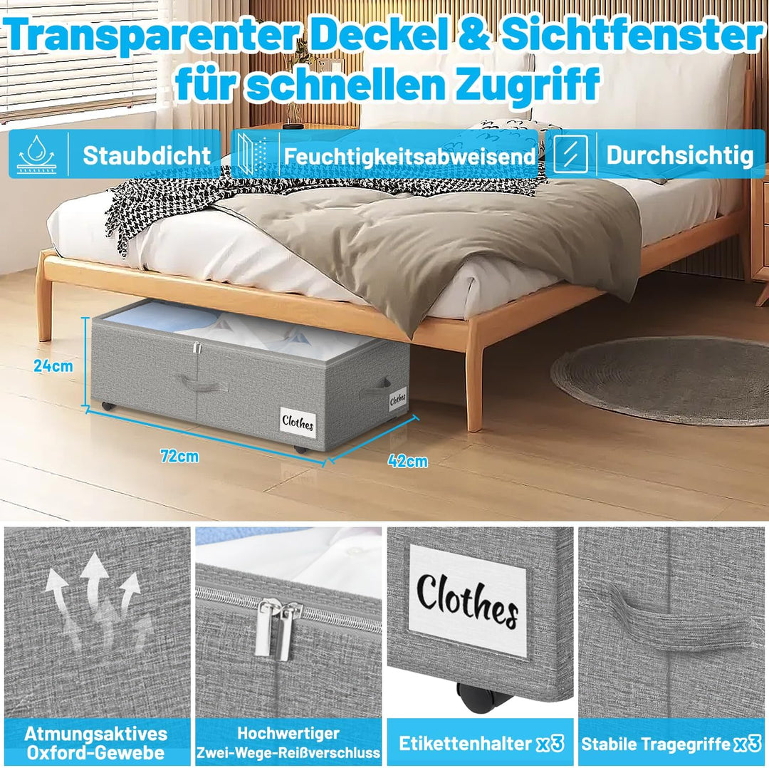 Unterbettkommode mit Rollen 360°Drehung, 2 Stück XXL 60L Unterbett Aufbewahrungsbox mit Transparente