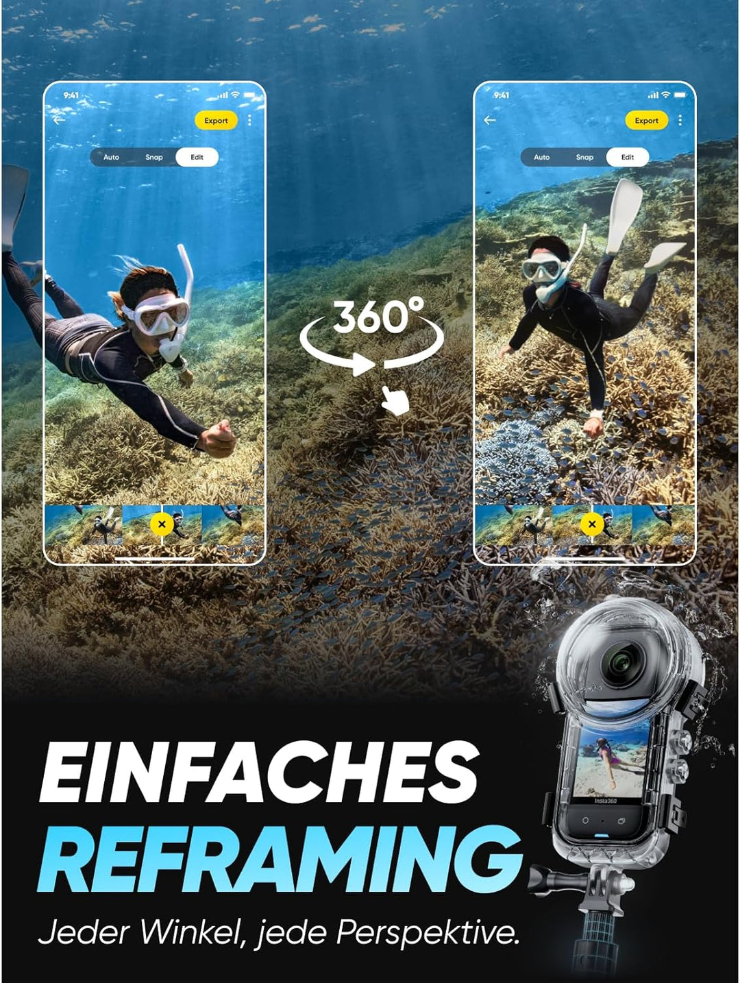Insta360 X3 Invisible-Dive-Kit - wasserdichte 360°-Actionkamera mit 1/2"-Sensor, 5,7K 360°, 72MP 360