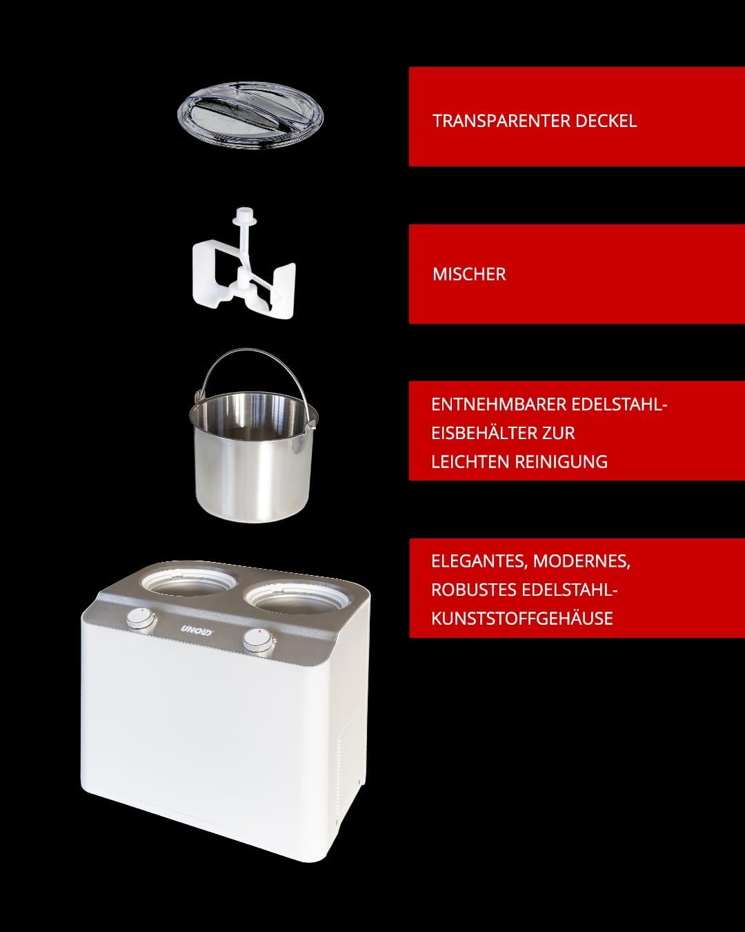 Unold 48830 Doppio Bianco Eismaschine, Speiseeisbereiter mit Kompressor inkl. 2 Eisbehälter (je 1,2