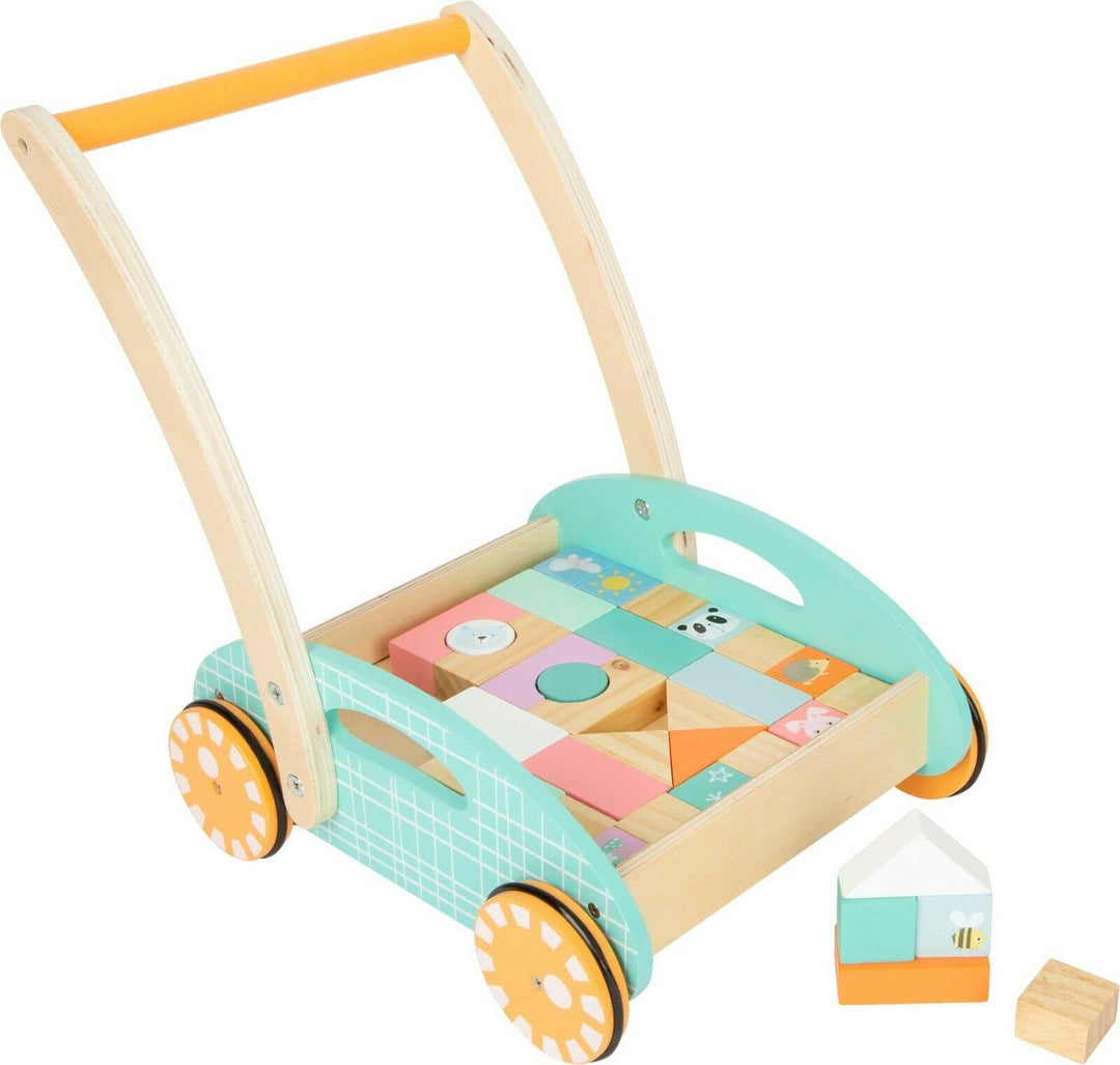 small foot Lauflerwagen "Pastell", inkl. 34 Holzbausteine mit süssen Tiermotiven, ab 12 Monaten, 117
