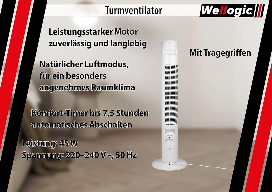 Turmventilator 91 cm sehr leise – Standventilator mit Fernbedienung, 7,5h Timer, 3 Geschwindigkeitss