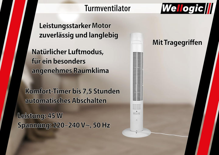 Turmventilator 91 cm sehr leise – Standventilator mit Fernbedienung, 7,5h Timer, 3 Geschwindigkeitss