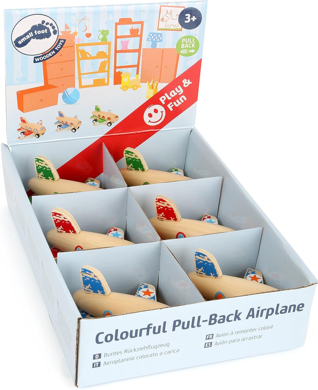 small foot Display Buntes Rückziehflugzeug aus Holz in drei verschiedenen Ausführungen, 6 Stück, ab
