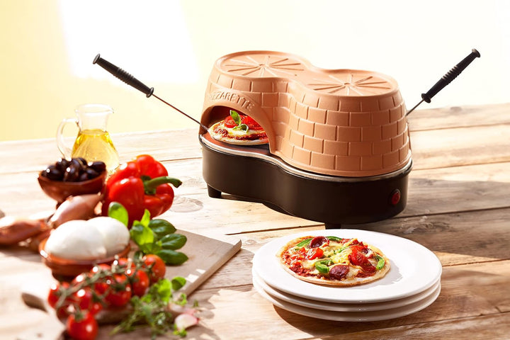 Emerio Pizzaofen, PIZZARETTE Duo das Original, handgemachte Terracotta Tonhaube, neues PRE-BAKE Desi