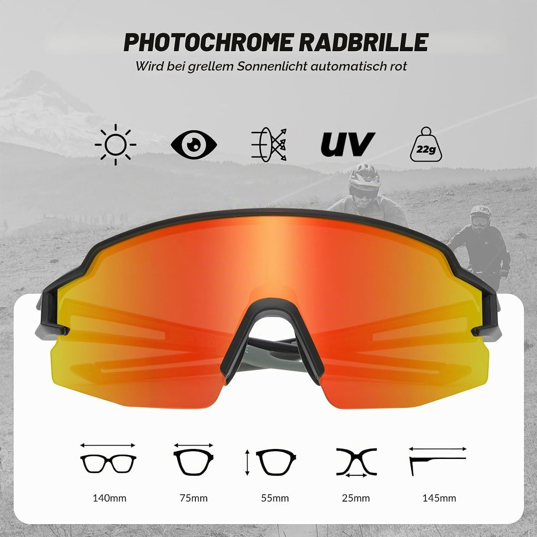 ROCKBROS Fahrradbrille UV 400 Sonnenbrille Photochromatisch Brille Klar Winddicht Sportsbrille für O