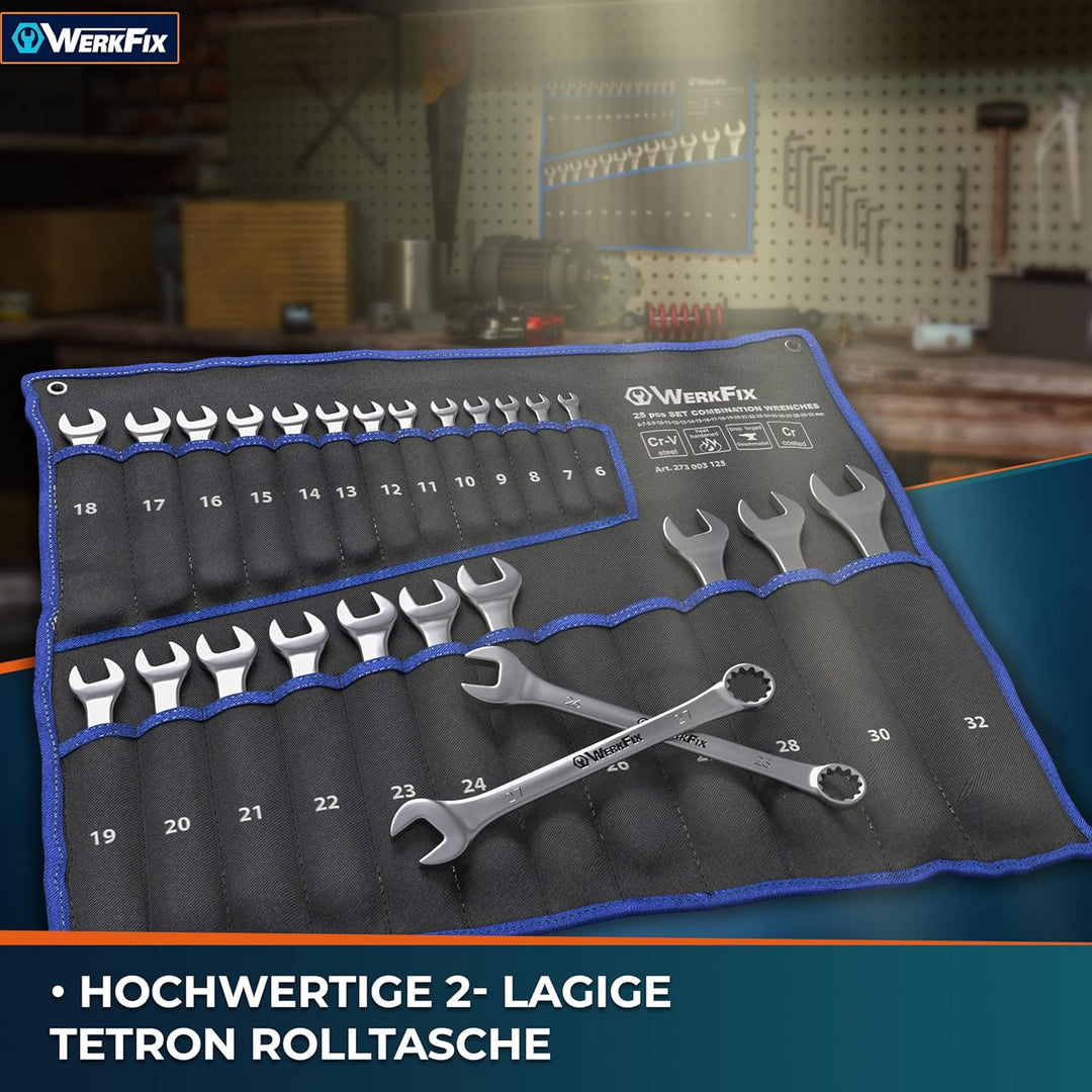 WerkFix Ring-Maulschlüsselsatz 25-tlg. 6-32 mm aus CrV-Stahl, Gabelschlüssel Laser markiert, mattier