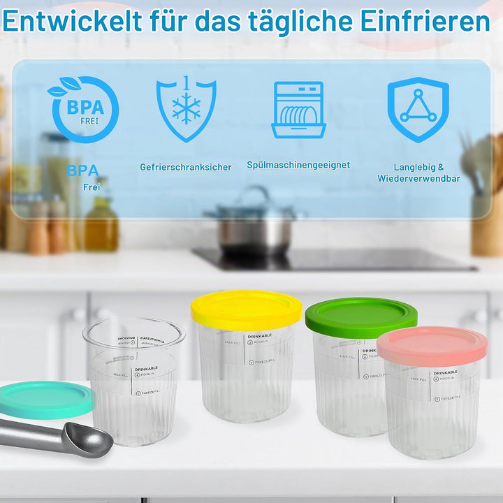 4er Set Eismaschine Zubehör Behälter mit Deckel 680ml BPA Frei Spülmaschinenfest Kompatibel mit NC50