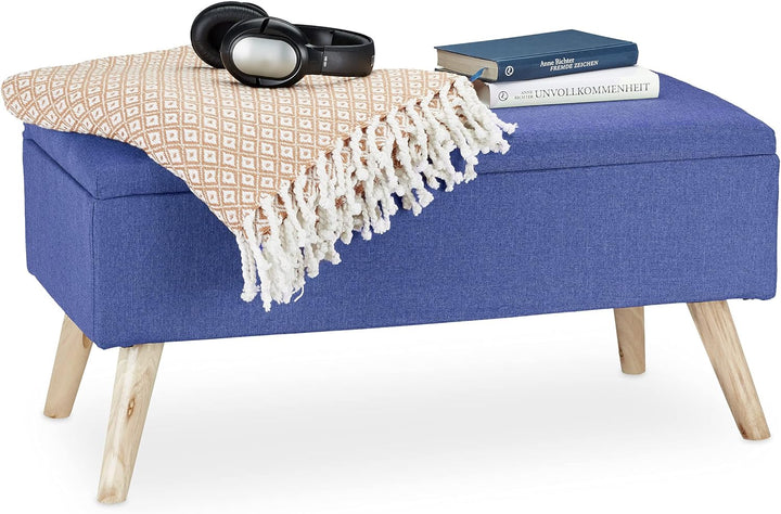 Relaxdays, blau Sitzbank mit Stauraum, gepolstert, Holzbeine, Truhenbank Stoffbezug, HxBxT: 39,5 x 7
