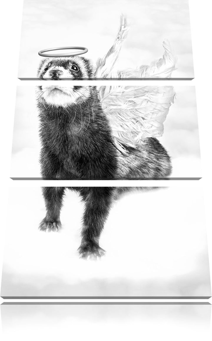 Pixxprint Süsses Frettchen im Engelsköstum Kunst B&W 3-Teiler Leinwandbild 120x80 Bild auf Leinwand