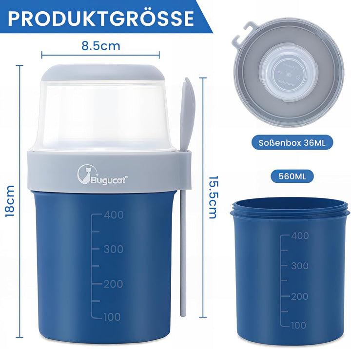 Bugucat 2in1 Müslibecher to Go 560ml+310ml, Praktischer Joghurtbecher & Müslibecher für Picknick 2er
