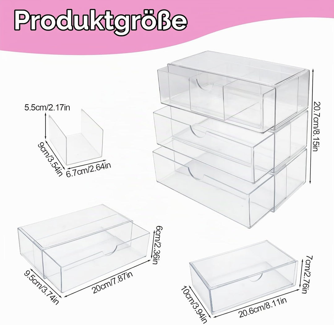 3 Stück Acryl Schubladen Schminktisch Organizer, Stapelbarer Badezimmer Make Up Organizer, Transpare