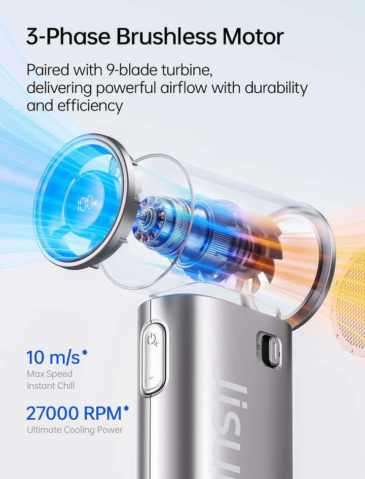 JISULIFE Tragbarer Handventilator 9S, Turbo Power, bis zu 22 Stunden Laufzeit, 5000 mAh Akku, 5-Gang