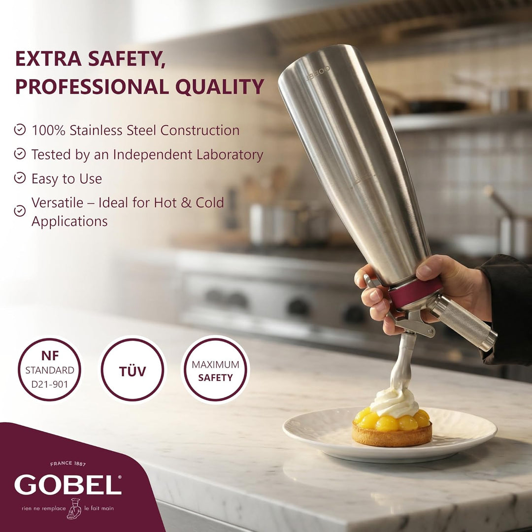 GOBEL - Edelstahl Siphon für die Professionelle Küche - Für Schlagsahne mit Edelstahlbehälter und -K