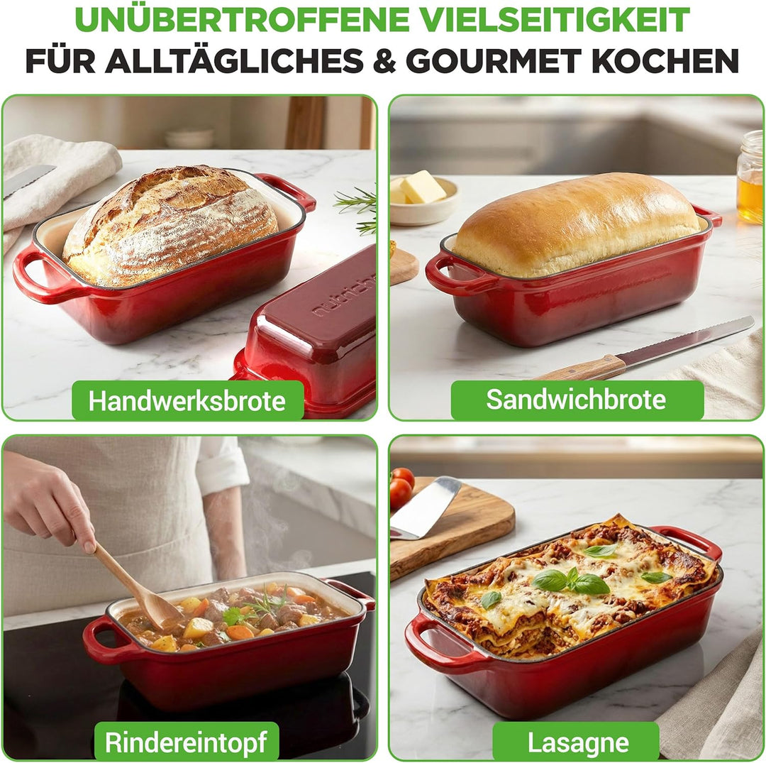 NutriChef Gusseisen Topf - Brotbackform mit Deckel - 22,9 cm Kastenform für Sauerteigbrot, emaillier