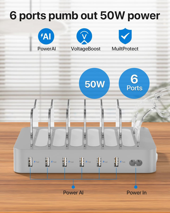 SooPii USB-Ladestation Organizer für mehrere Geräte, 6 Ports 50W Ladestation mit 6 Kabeln und aktual