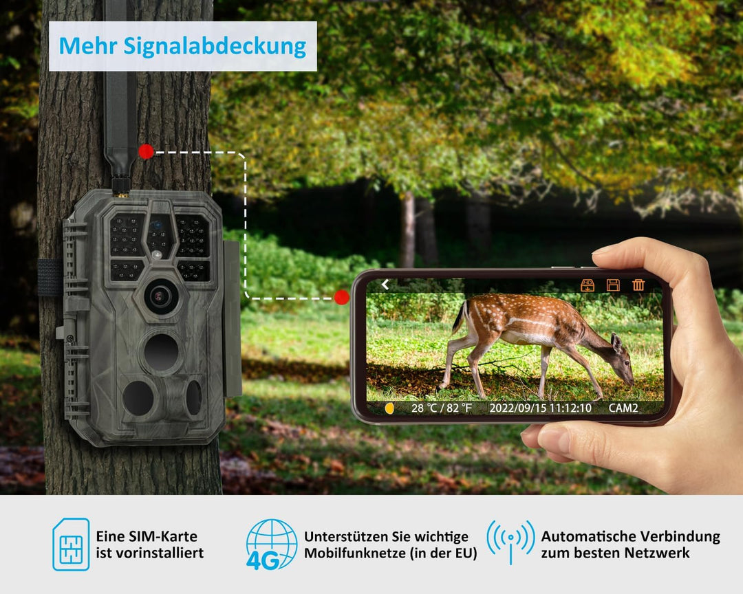 GardePro X50 4G LTE Wildkamera mit SIM-Karte und App, 32MP 1296P H.265 Video, No Glow Nachtsicht Bew