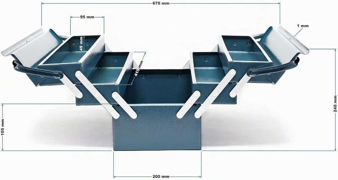 Wiltec Werkzeugkiste 420x200x200mm aus Stahl mit 5 Fächern, beständiger Werkzeugkasten mit Handgriff