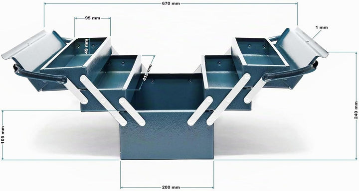Wiltec Werkzeugkiste 420x200x200mm aus Stahl mit 5 Fächern, beständiger Werkzeugkasten mit Handgriff