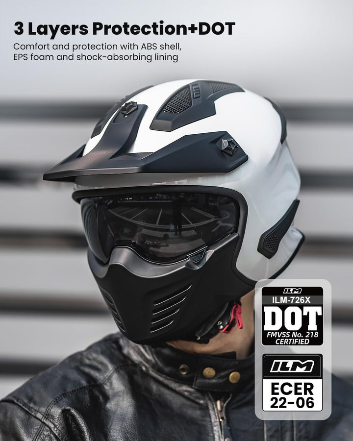 ILM Helm Motorrad Integralhelm Motocross Herren Damen Vintage Retro mit Visier ECE Model 726X L Weis