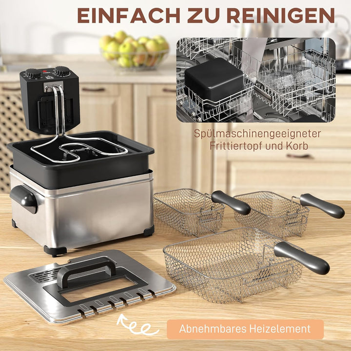 HOMCOM Fritteuse mit 5L Kapazität, Einstellbare Temperatur & Timer, Öl-Fritteuse mit Abnehmbarer Öl-