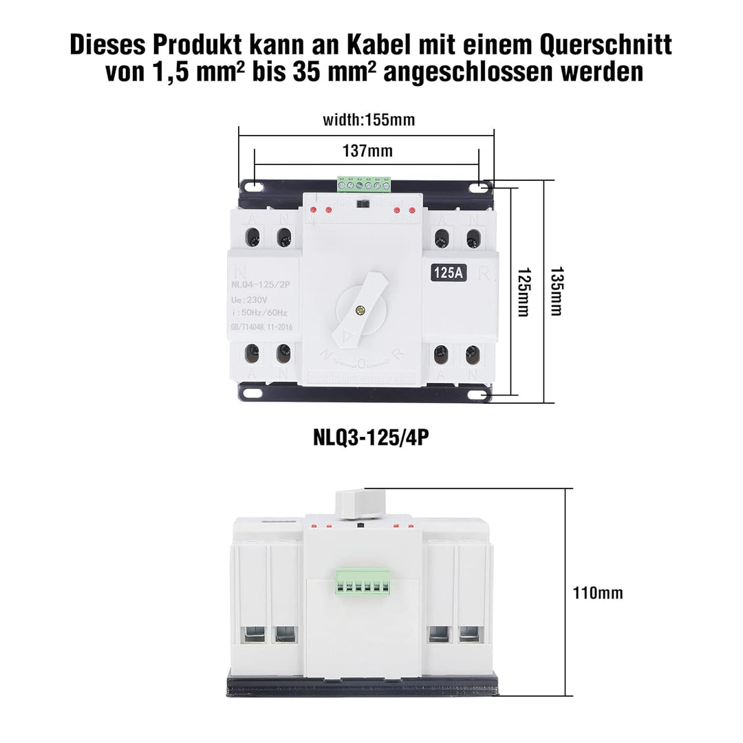 Dual Power Automatischer Transferschalter AC 400V 2P 125A ATS CB Automatik Netz Umschalter Notstrom