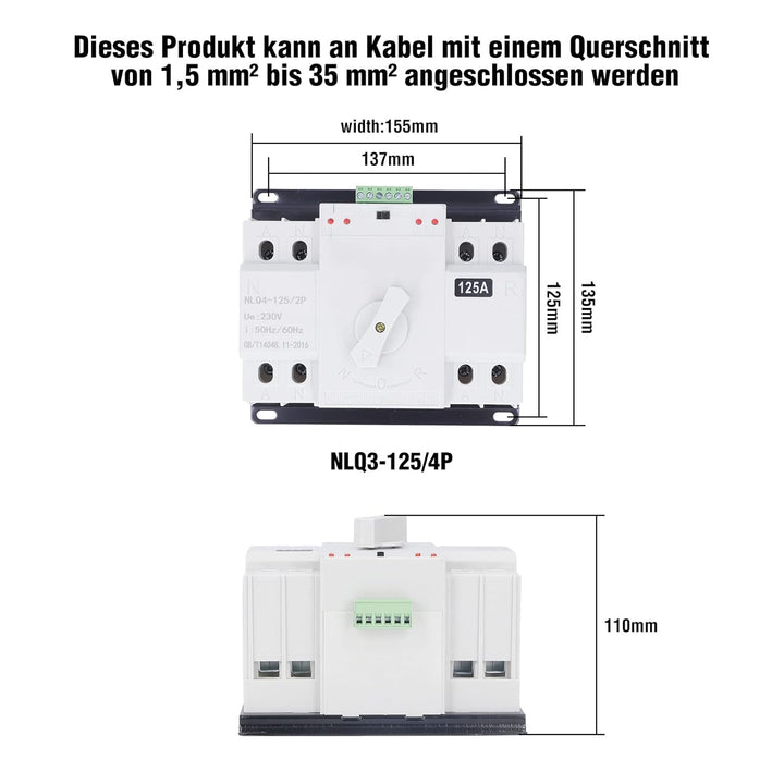 Dual Power Automatischer Transferschalter AC 400V 2P 125A ATS CB Automatik Netz Umschalter Notstrom